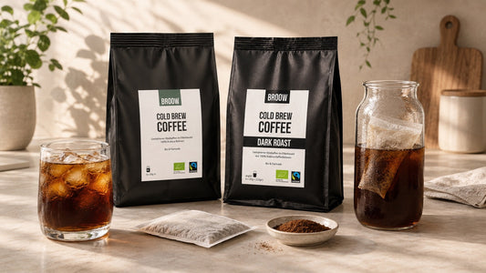 BROOW Original und Dark Roast mit Cold Brew im Glas und Filterbeutel