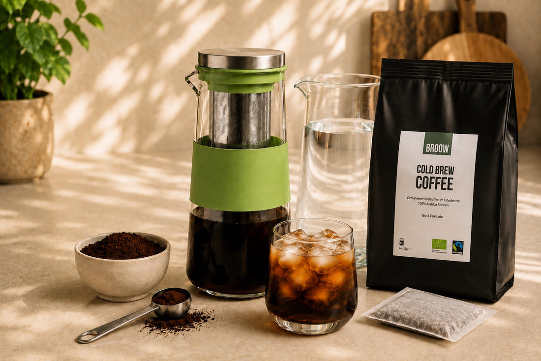 BROOW Cold Brew mit Jar, Wasser, Filterbeutel und Kaffee-Wasser-Verhältnis