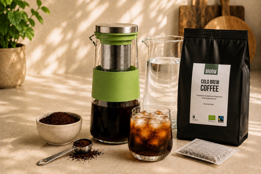 BROOW Cold Brew mit Jar, Wasser, Filterbeutel und Kaffee-Wasser-Verhältnis