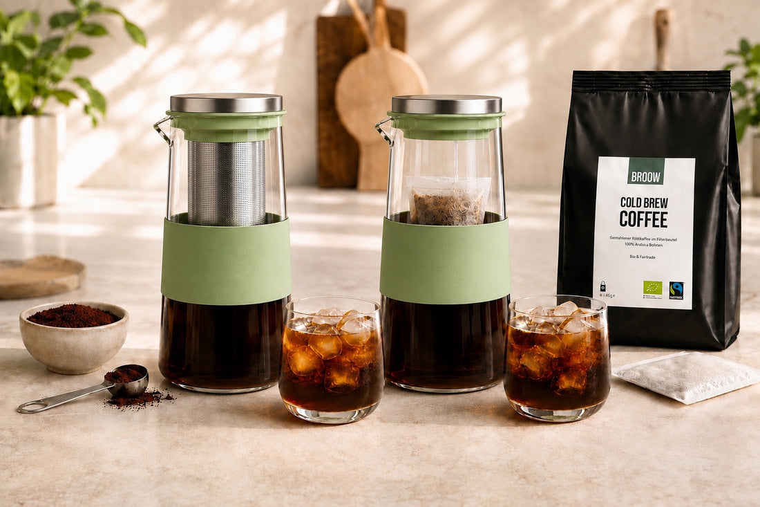 BROOW Cold Brew Jar im Vergleich: mit Metallfilter für selbst gemahlenen Kaffee und mit Filterbeutel für BROOW